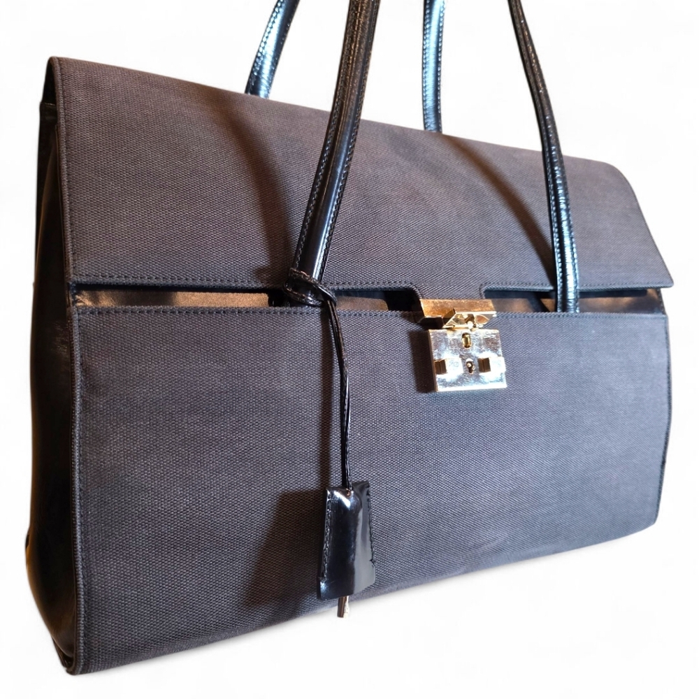 Gucci Padlock Shoulder Business Bag Black Canvas Leather Vintage - Picture 2 of 2